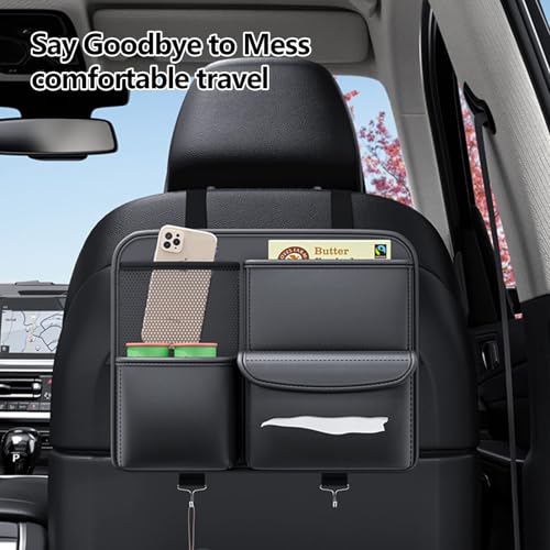 TERRIFI Leather Car Backseat Organizer - Hanging Seat Storage Bag for Snacks, Drinks, Toys, Magazines - Keeps Car Clean and Tidy - Essential Travel Accessories, Black