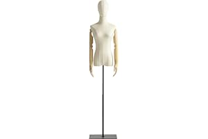 MADAMERA Female Mannequin Dress Form Torso, Display Mannequin Body with Detachable Head, Wooden Hands and Black Adjustable 55”-80” Height Stand, for Dress Jewelry Display