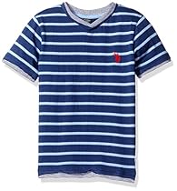 U.S. Polo Assn. Little Boys' Short Sleeve Striped V-Neck T-Shirt, Artist Blue, 2T