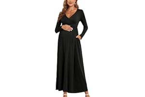 AISWI 2024 Women's Maternity Maxi Dress Long Sleeve Wrap V Neck Pregnancy Dresses with Pockets Baby Shower Photoshoot Formal