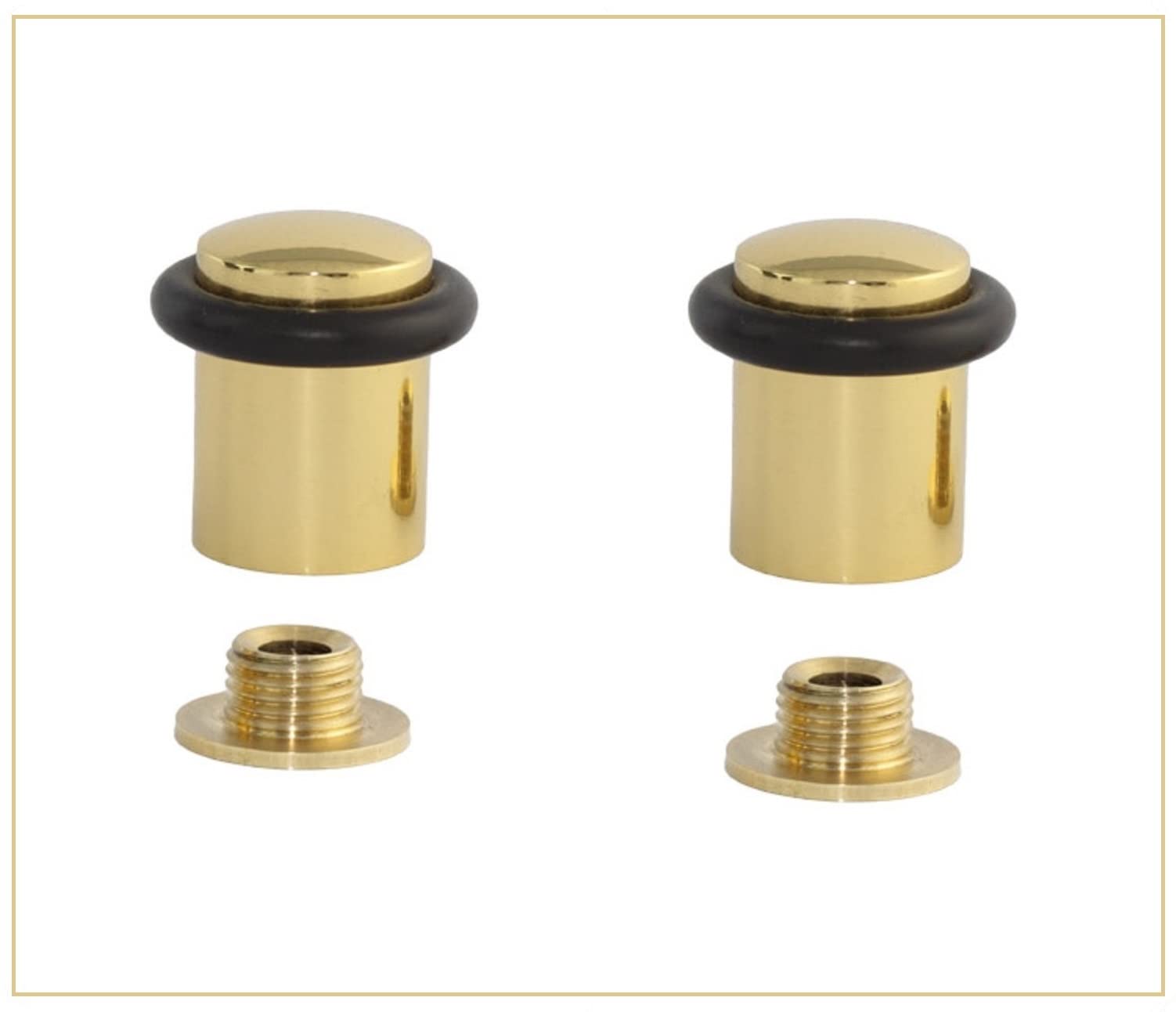 EVI Herrajes | Pack of 2 Brass Door Stops | Ø20x29mm | Shiny Brass | Threaded Base | Black Silicone Rubber | Includes Tools | Mod. I-138CBBR