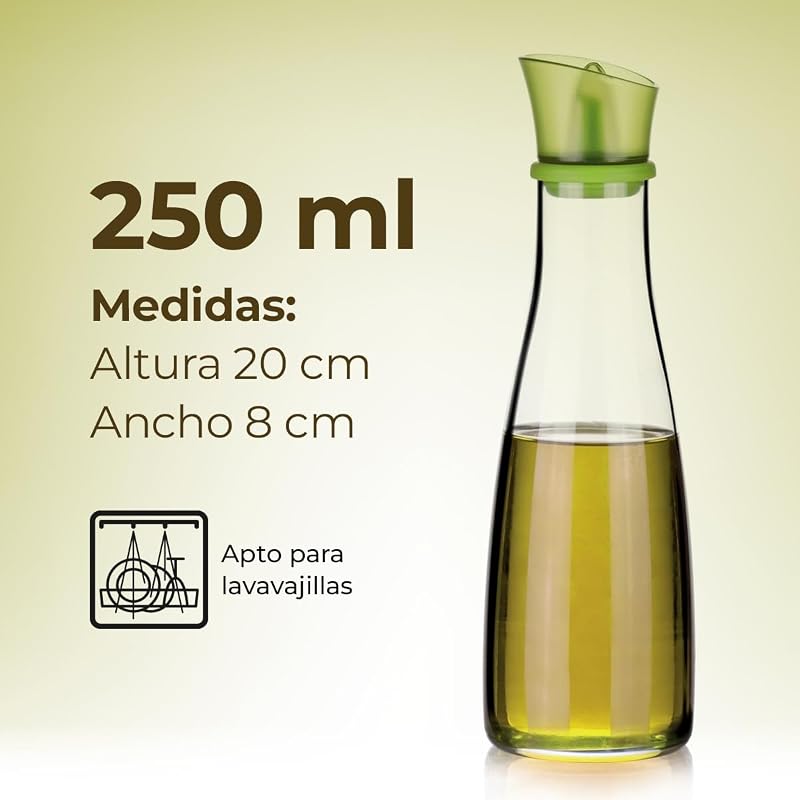 - Aceitera de Vidrio Borosilicato con Vertedor de Silicona - 250 ml - Ideal para Aceite, Vinagre y Salsas - Apta para Lavavajillas - Dosificador para Cocina y Mesa