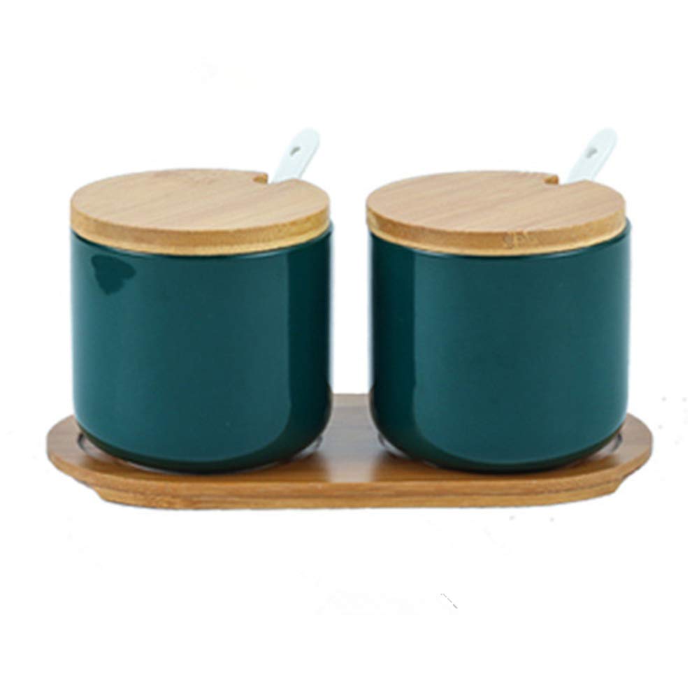 OnePine Set of 2 Sugar Bowl, 260ml Ceramic Spice Jar Salt Container with Lid and Spoon for Home and Kitchen