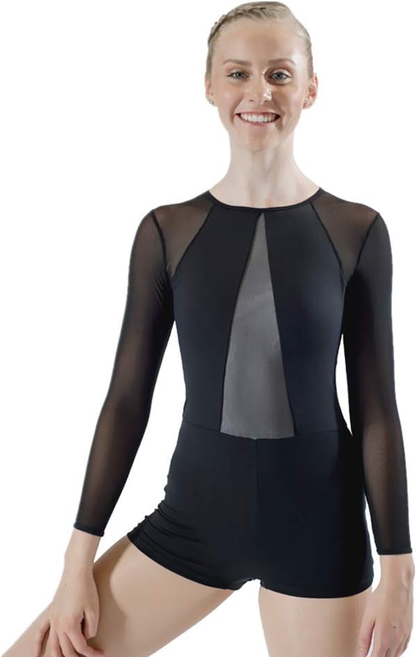 HDW DANCEWomen's Dance Biketard Long Sleeve Mesh V Front Jazz Gymnastics Bodysuit