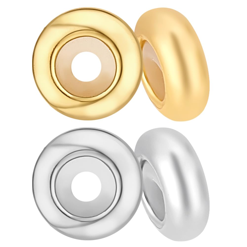 PH PandaHall 4Pcs 925 Sterling Silver Stopper Beads, Gold Silver Rondelle Spacer Beads 7mm Adjustable Beads Slider Metal Loose Beads with Rubber Inside for Bracelets Necklaces Jewellery Making