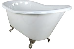Kingston Brass Aqua Eden VCTND6030NT8 Cast Iron Slipper Clawfoot Bathtub with Brushed Nickel Feet without Faucet-Drillings, 60-Inch, White