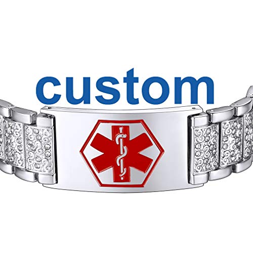 Supcare Medical Alert ID Bangle Bracelet Stainless Steel Cubic Zircon Addjustable Band Bracelet for Men/Boys/Women, Medical Alert Emergency Identification Charm Bracelet Jewelry