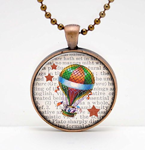 Hot Air Balloon on a Dictionary Page Background Art Glass Pendant or Key Chain- 30 mm round- Chain Included- Made to Order