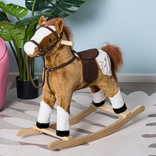 Qaba Kids Plush Toy Rocking Horse Pony with Realistic Sounds - Brown