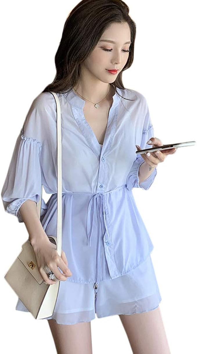 Amazon ｄｍｂｉｎｓｈｕｎ セットアップ レディース 半袖 トップス シャツ シフォン ベルト付き おしゃれ ショートパンツ上下セット 夏服 大きいサイズ 可愛い ジャージ上下セット 通販