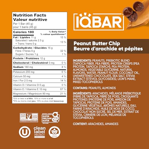 IQBAR Clean Plant Protein Bars - Peanut Butter Chip - 12 Count - Keto, Vegan, High Fiber, Gluten and Dairy Free, Low Sugar Snack - Brain and Body Nutrients for Focus, Energy, Meal Replacement