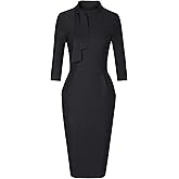 MUXXN Women's Midi Pencil 1950s Vintage Cocktail 3/4 Sleeve Tie Neck Bodycon Mid-Calf Dress with Pockets