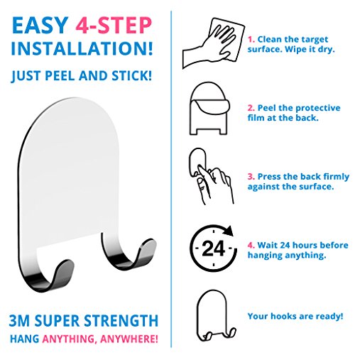 HOME SO Shower Squeegee with Two 3M Adhesive Holder Hooks - Deluxe Stainless Steel Wiper Scraper for Bathroom Shower Glass Door, Mirror, Windows, Tiles - Chrome - Thumbnail 5