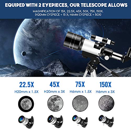SEAAN Teleskop für Anfänger 150X ~ 15X, 70mm HD Fernrohr Teleskop für Astronomie Erwachsene, Starter Scope mit Stativ… – Bild 5