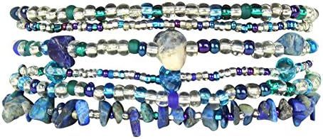 Funky 6 Strand Beaded Bracelet with Double Magnetic Clasp, Handmade in Guatemala (Blue and Crystal)