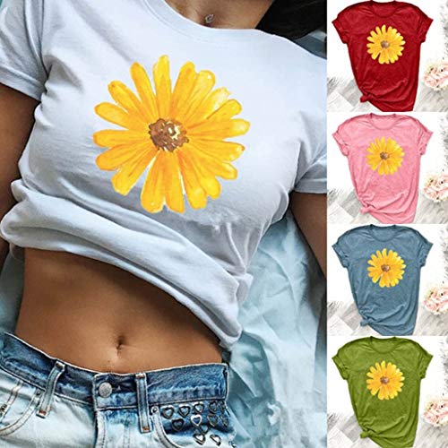 Respctful ♫♫Sunflower Tops Clothes for Women Floral prin Graphic Print Short Sleeve Casual Tees Tops Blue - Thumbnail 4