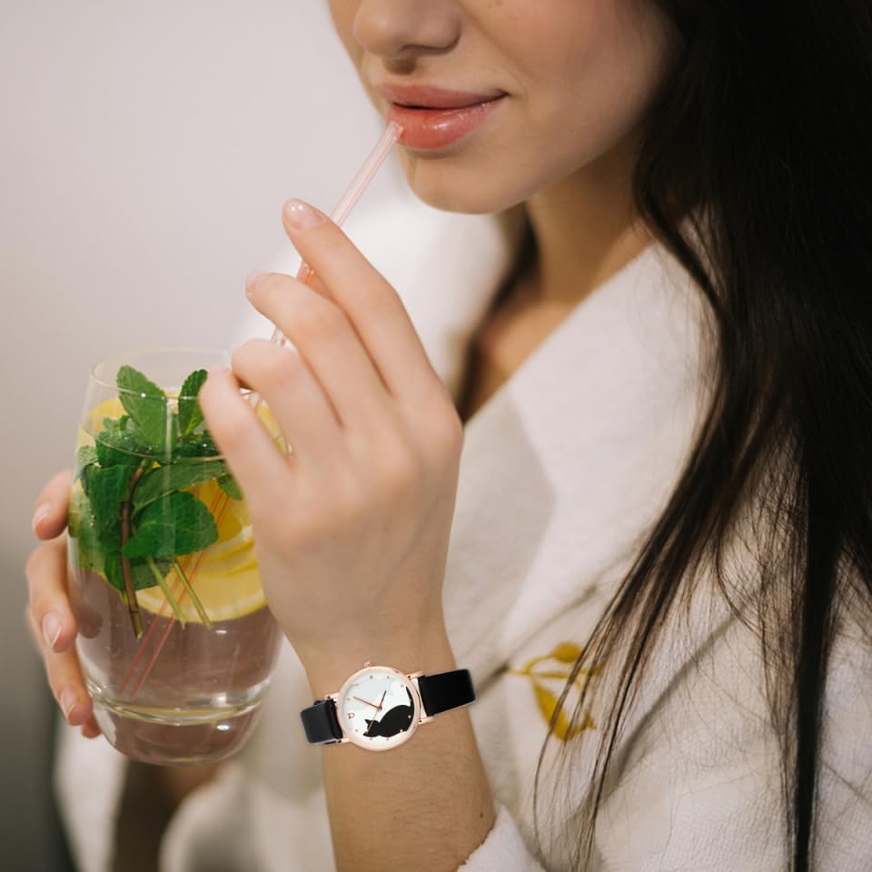 TEHAUX TEHAUX Girls Watch with Leather Strap, Cute Cartoon Cat Pattern Wrist Watch, Easy to Read, Ideal for Girls, Ladies (Black)