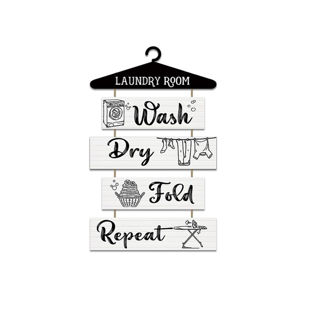 Rustic Laundry Sign with Hang Rope - Wooden Wall Decor for Home Decoration, Housewarming Gift - White