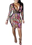 AOVCL Women's Sexy V Neck Mesh Printed Bodycon Party Dress