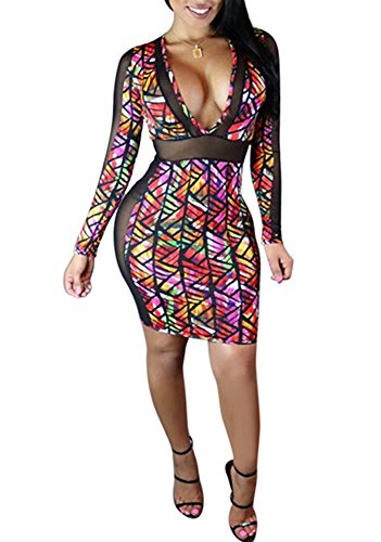 AOVCL Women's Sexy V Neck Mesh Printed Bodycon Party Dress