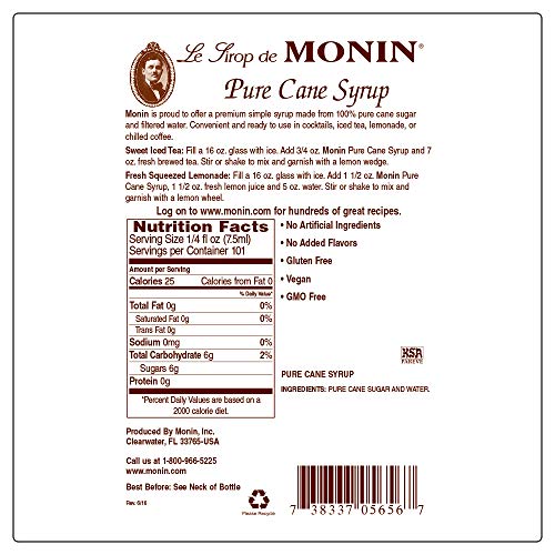Monin Pure Cane Syrup, Pure and Sweet, Great for Coffee, Tea, and