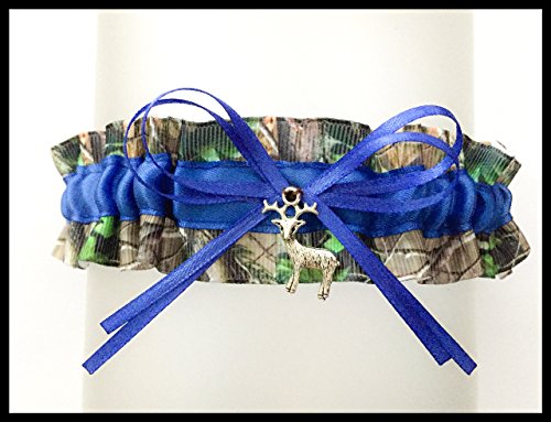 Sexy Royal Blue Camouflage Satin Wedding Keepsake Bridal Garter - Deer Charm