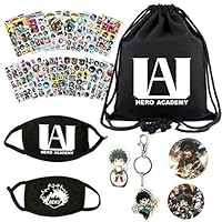 Ygoing My Hero Academia Big Gift Set- 1 BTS Drawstring Bag/ 12 Stickers/2 Face Mask/ 2 Button Pins/ 1 Phone Ring Holder/ 1 Keychain