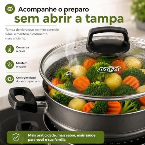 Cuscuzeira Antiaderente MTA Cristal 20cm 3,2L + Base de Silicone | Panela a Vapor para Legumes, Peixes, Vegetais e Cuscuz | Tampa de Vidro