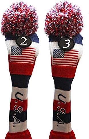 USA Majek Golf #2 &amp; 3 Hybrid Headcovers Pom Pom Knit Limited Edition Vintage Classic Traditional Flag Stars Red White Blue Stripes Retro Head Cover