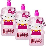 Zak! Hello Kitty (3 Pack) 16oz Collapsible Kids Water Bottles with Clips Sanrio Reusable
