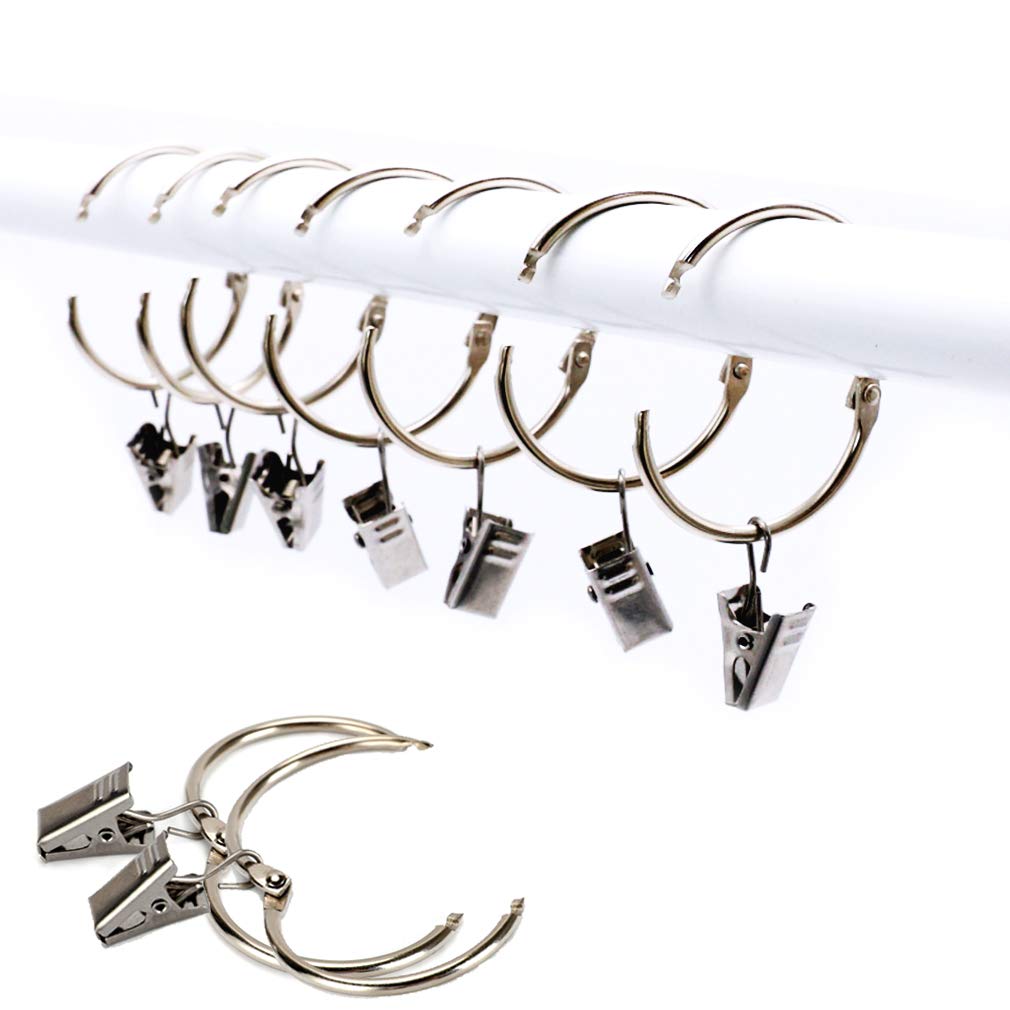 25 Pack Curtain Ring with Clips Hook, Stainless Steel Window Drapery Hanging Ring, Rustproof Metal, Easy Open and Close, 1.5 Inch Interior Diameter (Silver)