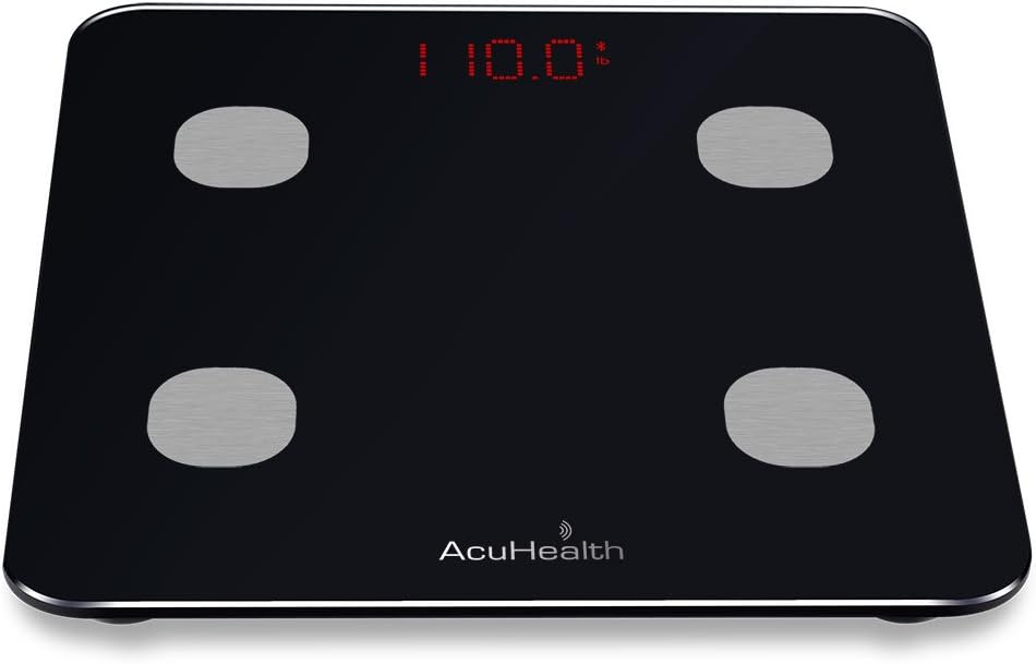 AcuHealth Body Fat Scale and Fitness Analyzer - Your Personal Health Monitor with Bluetooth Connectivity with iOS & Android Smartphone and Tablet Devices Analyzes 10 Heath Parameters (Black): Health & Personal Care