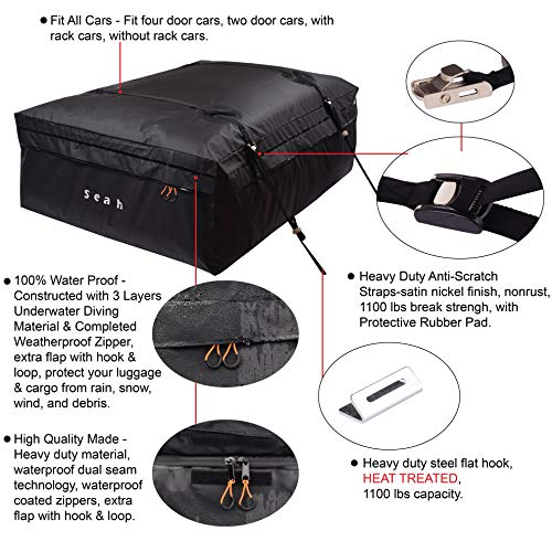 Seah Hardware Heavy Duty Car Top Carrier Roof Bag 100% Waterproof Rooftop Cargo Bag| Fit All Cars with or Without Rack | 15 Cubic Feet | with Straps - Thumbnail 2