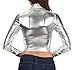 Sakkas 141786 Metallic Liquid Mock Neck Turtleneck Long Sleeve Crop Top - Made in USA - Silver - L