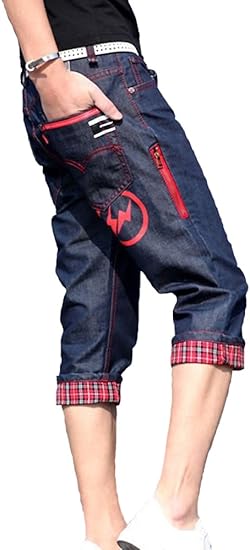 Amazon Sgl Collection デニム パンツ メンズ クロップドパンツ デザイン ロールアップ 裾 チェック 柄 サイドジップ カジュアル ストリート ジーンズ ジーパン ミディアム ショート パンツ ボトムス ボトム バミューダ カリブ おしゃれ ハーフパンツ 半端丈 青 男