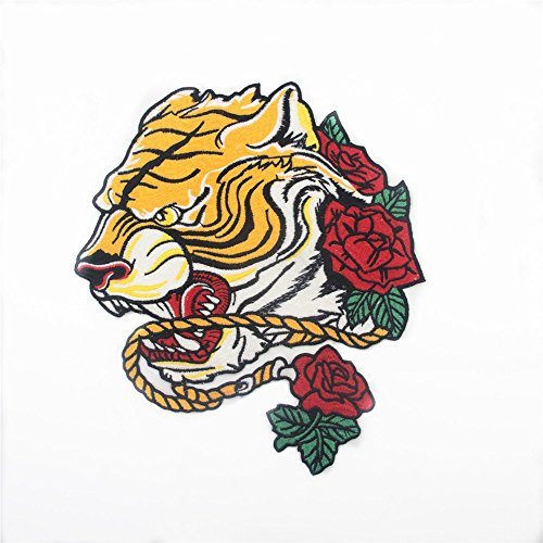 Big Tiger Patch with Flower Iron On Embroidered Applique Sequin Decoration Patches DIY Sew on Patch for Jeans, Clothing,Shoesï¼ˆ9.8'' X 8.7''ï¼‰