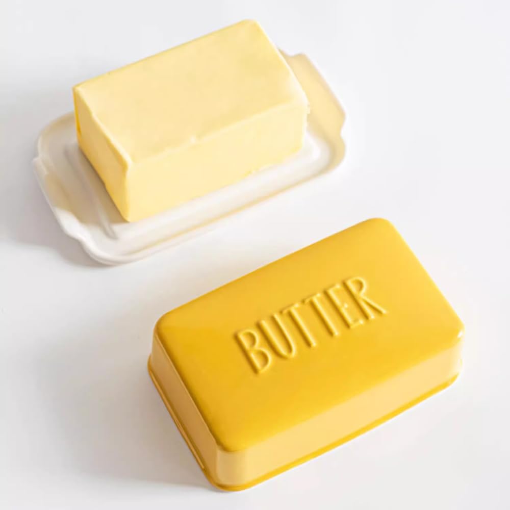 Porcelain Covered Butter Dish with Lid for Countertop Butter Holder Container for One Stick of Butter. Textured Tray Butter Keeper for Non Slip Storage-Yellow