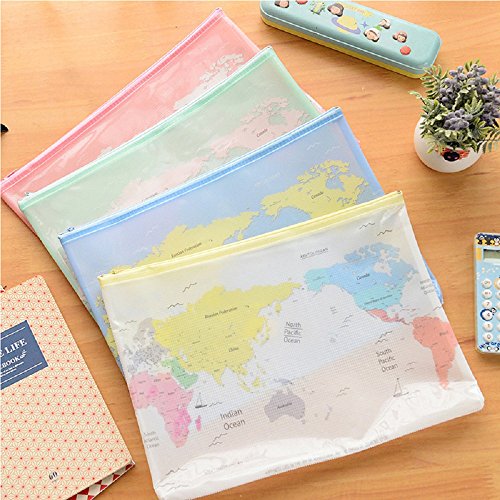 Funnylive 4 Pcs,Cartoon Map A4 Document File Holder PVC GRID Bag PVC File Packet (A4 Size)