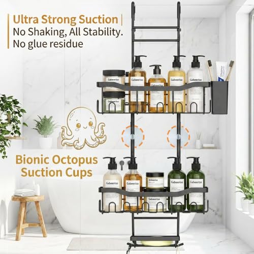 Gabeeriso 3-Tier Over-the-Door Hanging Shower Caddy Bathroom Organizer | Rustproof Black Shower Shelf with 28 Multi-Purpose Hooks for Towels, Soap & Bath Supplies, Ideal for Shower & Bathrooms