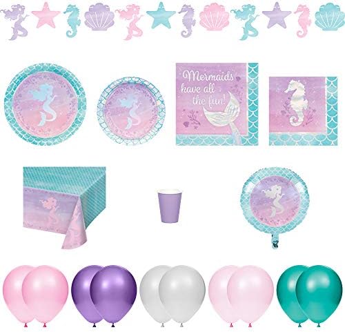 Kids Birthday Decorations & Party Supplies Pack Mermaid Shine Plates, Napkins, Cups, Tablecloth, Banner, Foil/Metallic Balloon, Balloons - 9pc Bundle