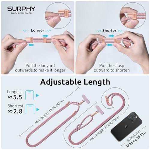 SURPHY Mobile Phone Cord, Hanging Strap Lanyard with 2 Durable Patches, Adjustable Neck Straps, Multifunctional Chain Compatible with Most Cases, Pink and Purple