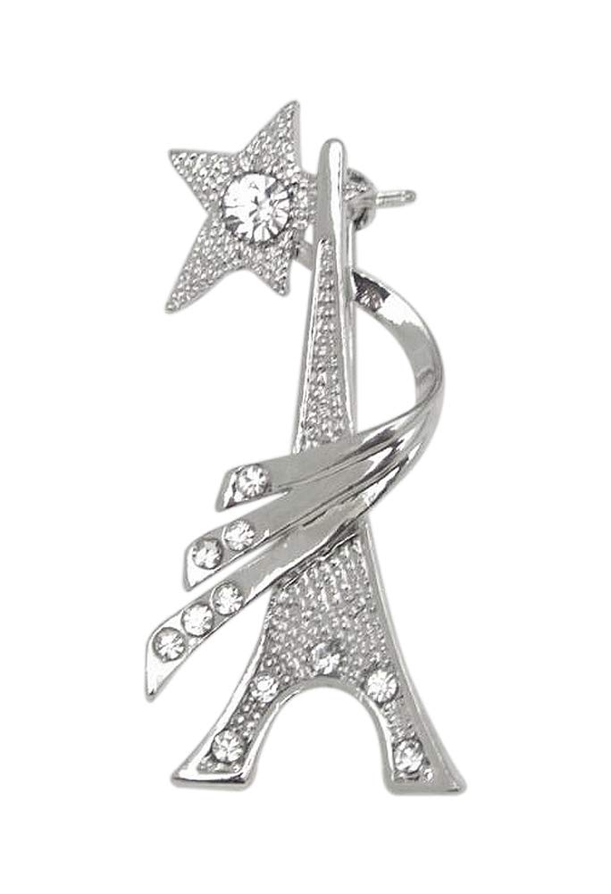 Bijoux Modefashion Eiffel Tower Star Brooch Silver Steel and Crystal Rhinestones
