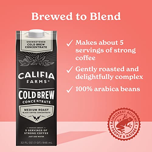 Califia Farms Unsweetened Cold Brew Coffee Concentrate, 32 Oz (Pack of 6), 100 Arabica, Shelf