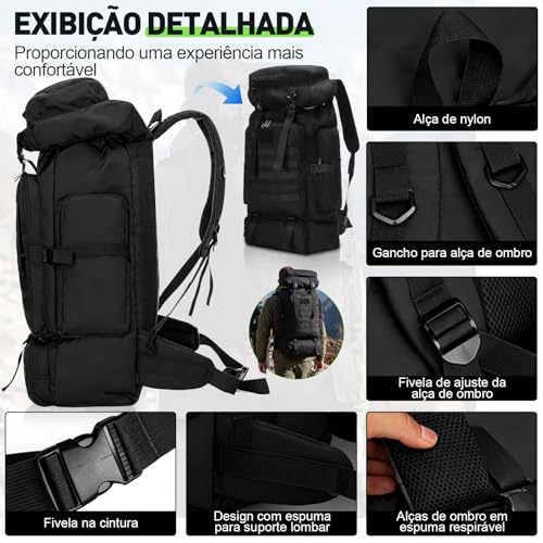 Mochila de Viagem 80L Impermeável para Camping e Trilha, Mochila Esportiva Grande Multifuncional com Compartimentos Amplos, Alças Confortáveis e Suporte para Equipamentos Outdoor, Camuflado