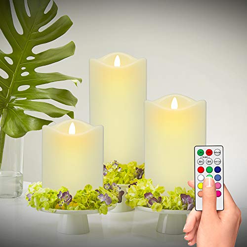 LED Flameless Candles, ANKO Multi Color Changing Battery Operated; Ivory Wax Melted Edges Candles with Timer and Remote Control (Set of 3) - Thumbnail 3