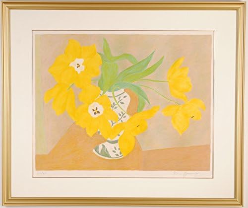 ピエール ボンコンパン 白い花瓶の黄色い花 花 絵画 リトグラフ 版画 チューリップ 静物画 額付き 新品