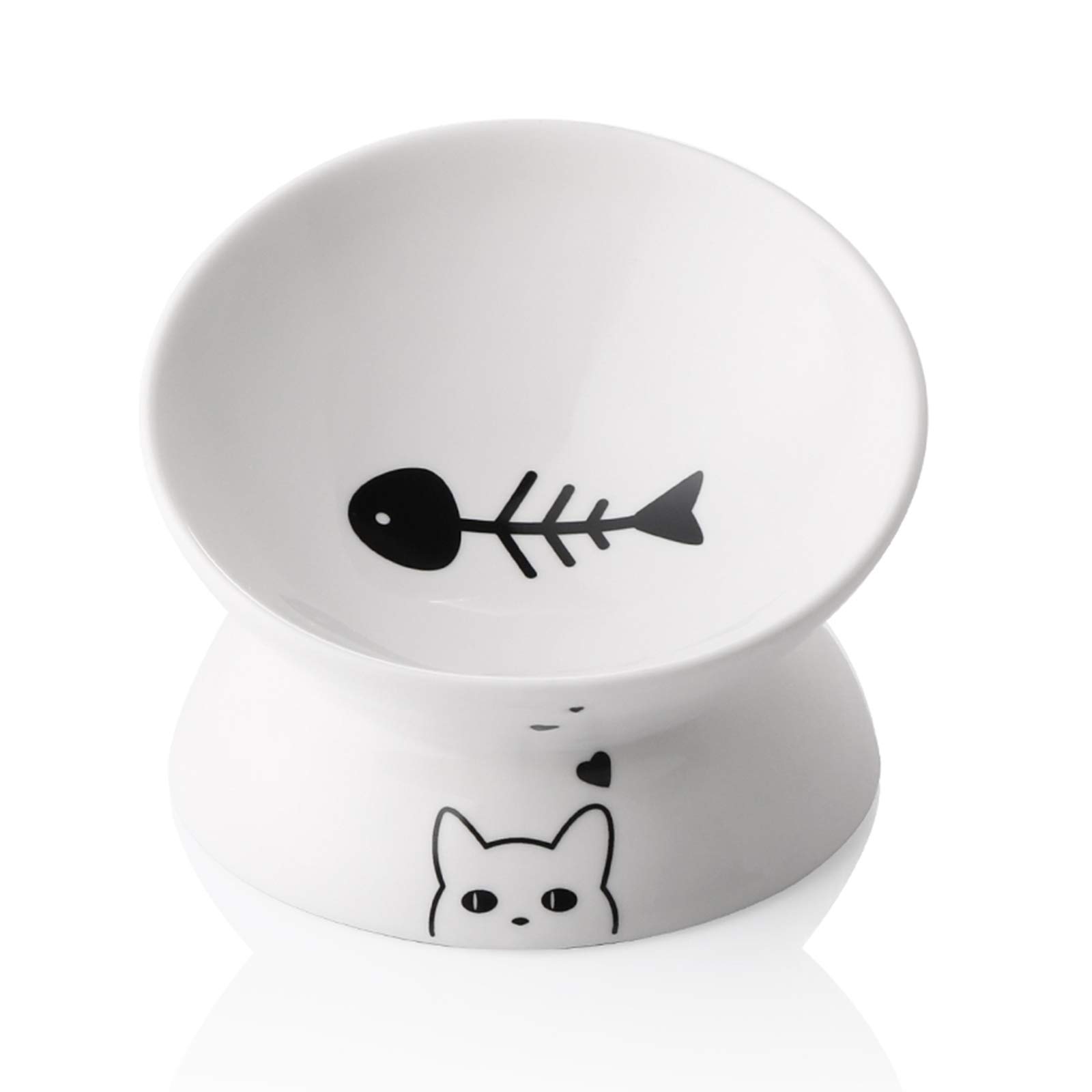 Sweejar Home Ceramic Raised Cat Bowls, Slanted Cat Dish Food or Water Bowls, Elevated Porcelain Pet Feeder Bowl Protect Cat's Spine, Stress Free, 140ml, Backflow Prevention (White)