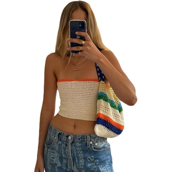 Women's Off Shoulder Slim Fit Crop Tube Top Y2k Crochet Knit