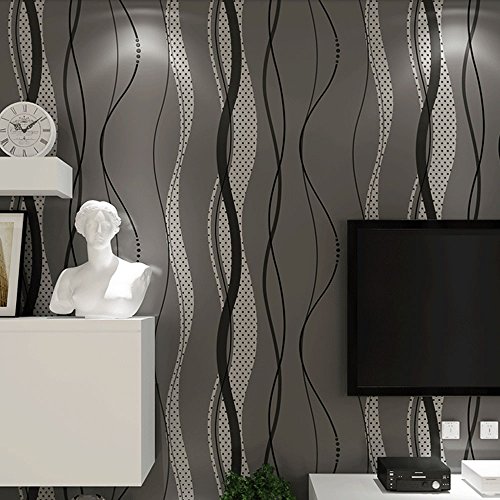 QIHANG High-Grade Non-Woven Flocking Simple Curve Style Wallpaper Roll Black&Gray Color - Thumbnail 2