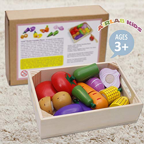 Airlab Küche Kinder Spielzeug aus Holz, Kinderküche Zubehör, Schneiden Obst Gemüse Lebensmittel Holz mit Klett-Verbindung, Küche Spielzeug Lernspielzeug Geschenk für Kinder